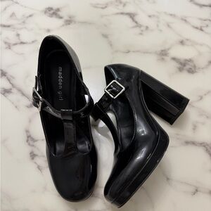 Madden Girl Shiny Black T-Strap Block Heels